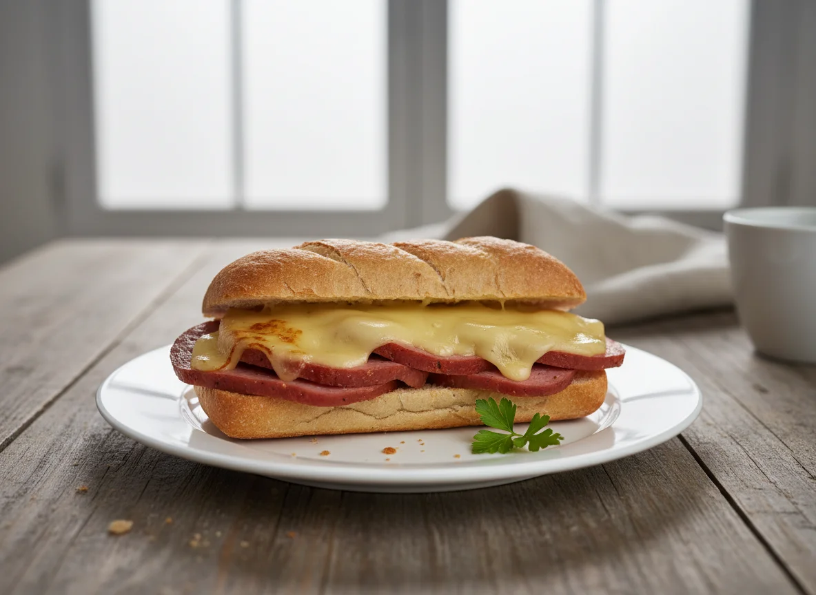 Brötchen mit Leberkäse und Käse photo