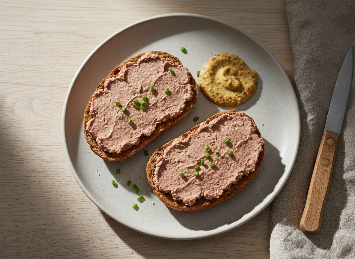 Brötchen mit Leberwurst und Senf photo