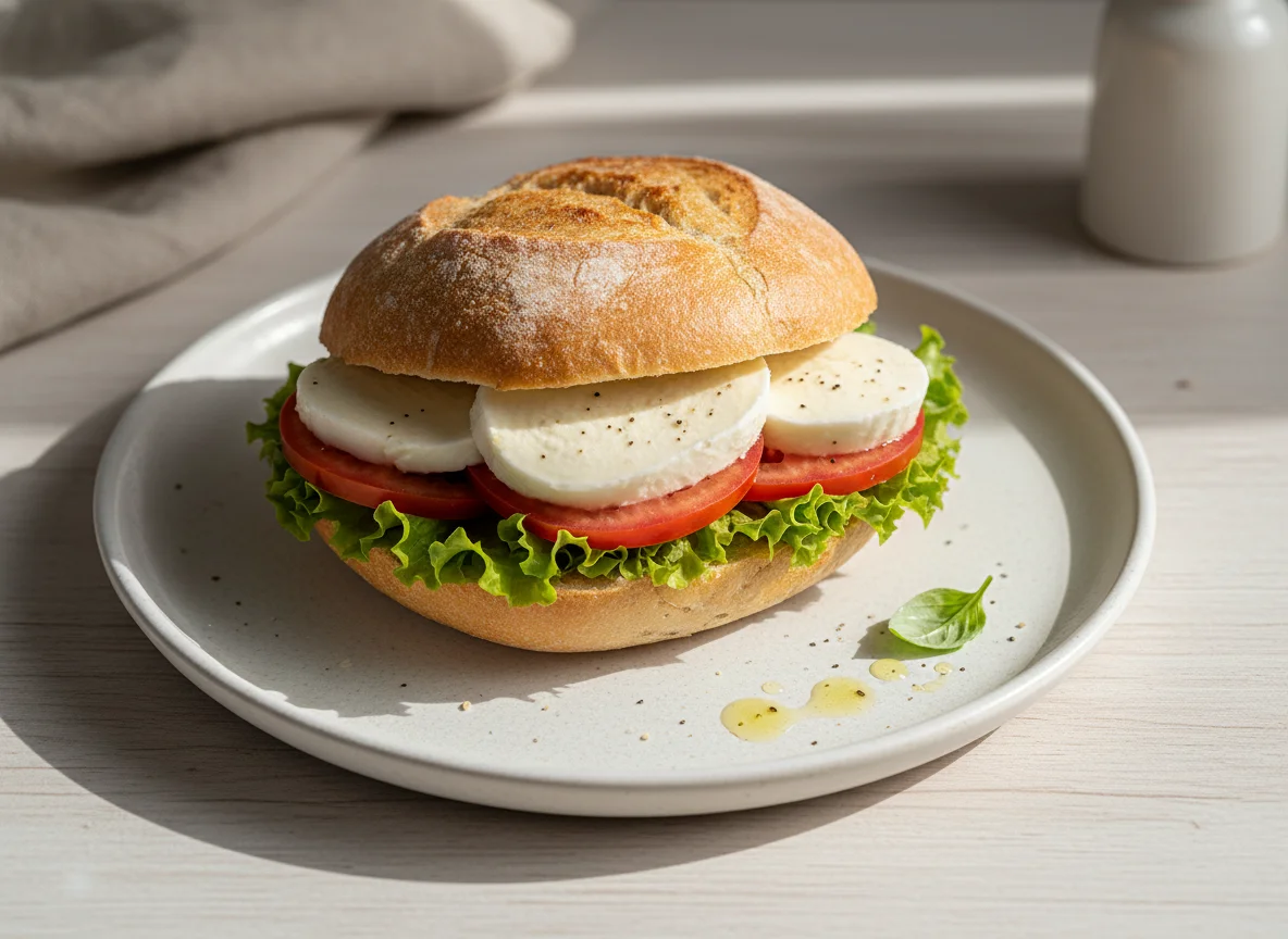 Brötchen mit Mozzarella, Tomate und Salat photo