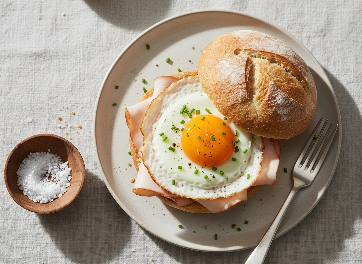 Brötchen mit Putenbrust und Spiegelei photo