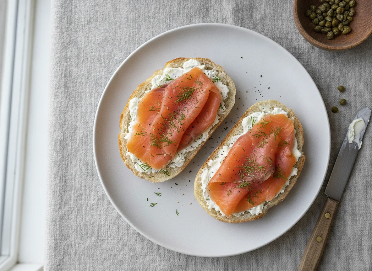 Brötchen mit Räucherlachs und Frischkäse photo
