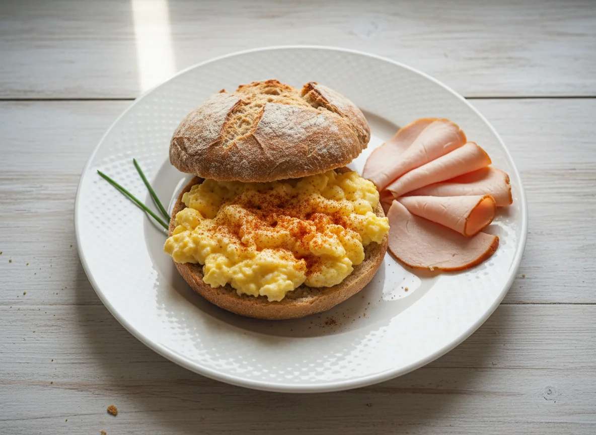 Brötchen mit Rührei und Putenbrust photo
