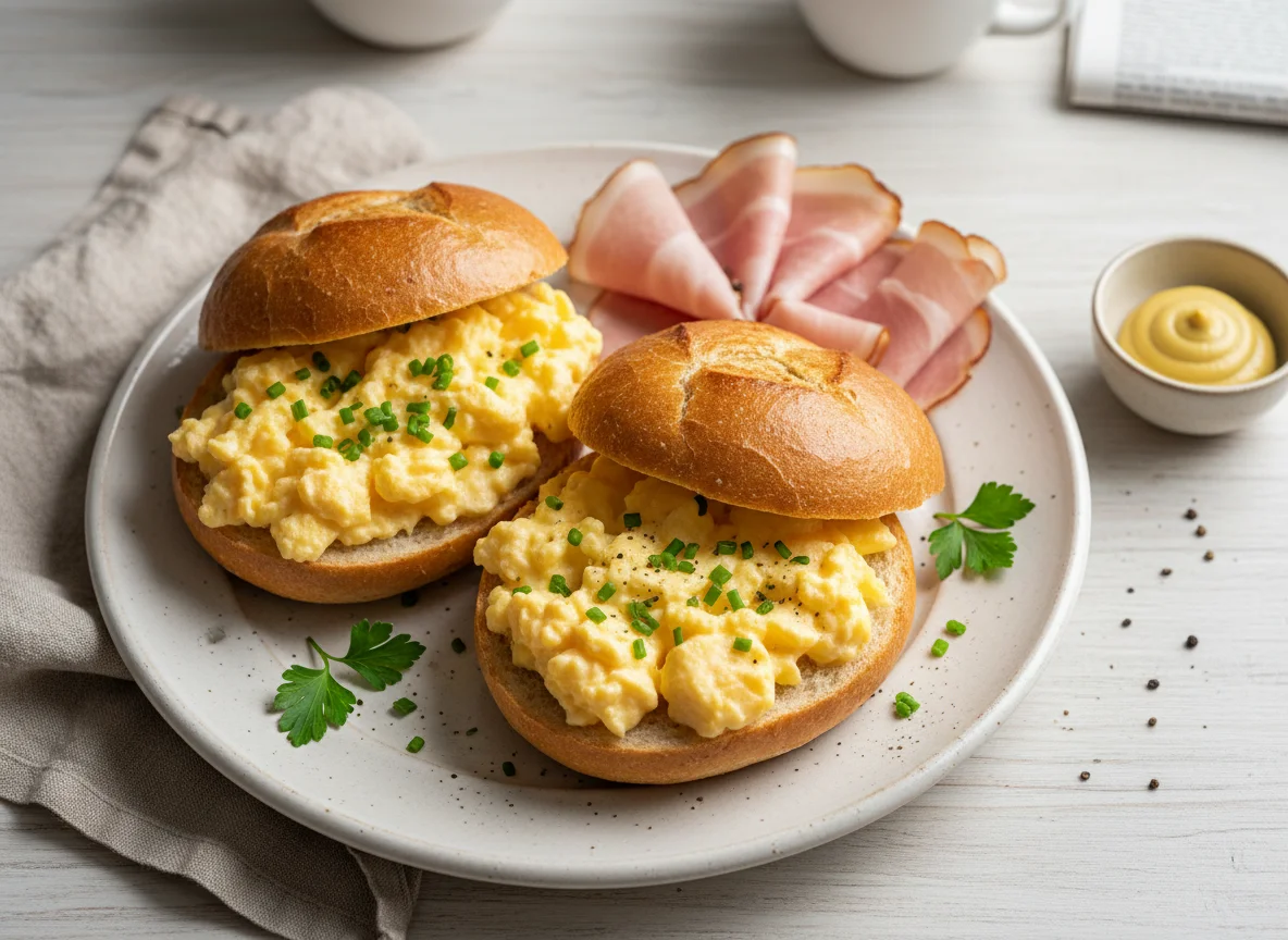 Brötchen mit Rührei und Schinken photo