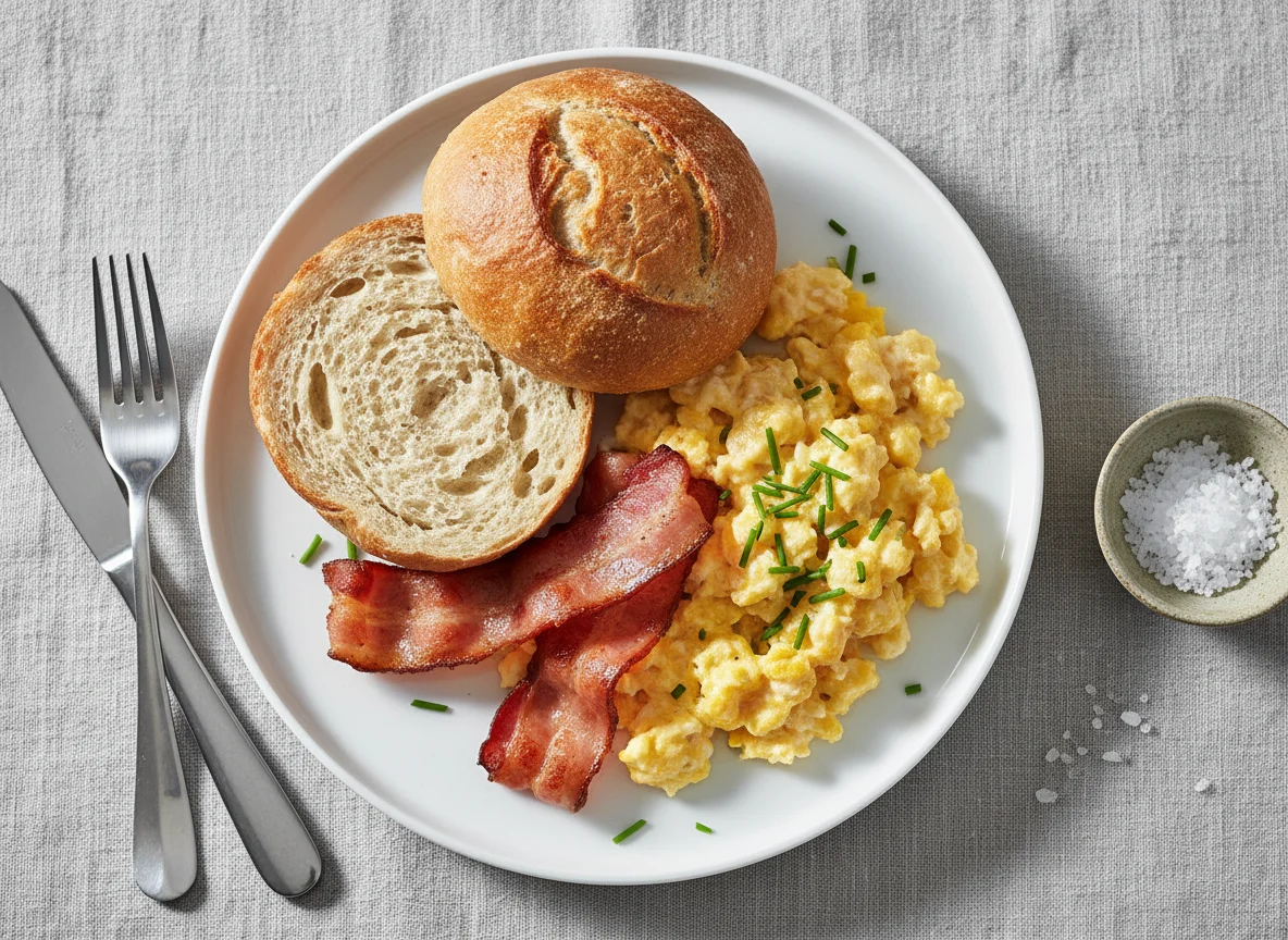 Brötchen mit Rührei und Speck photo