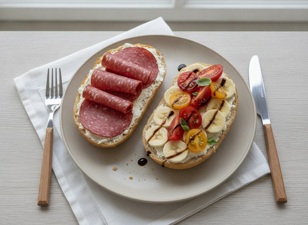 Brötchen mit Salami, Banane und Tomatensalat photo