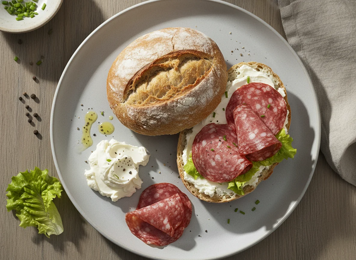 Brötchen mit Salami und Frischkäse photo