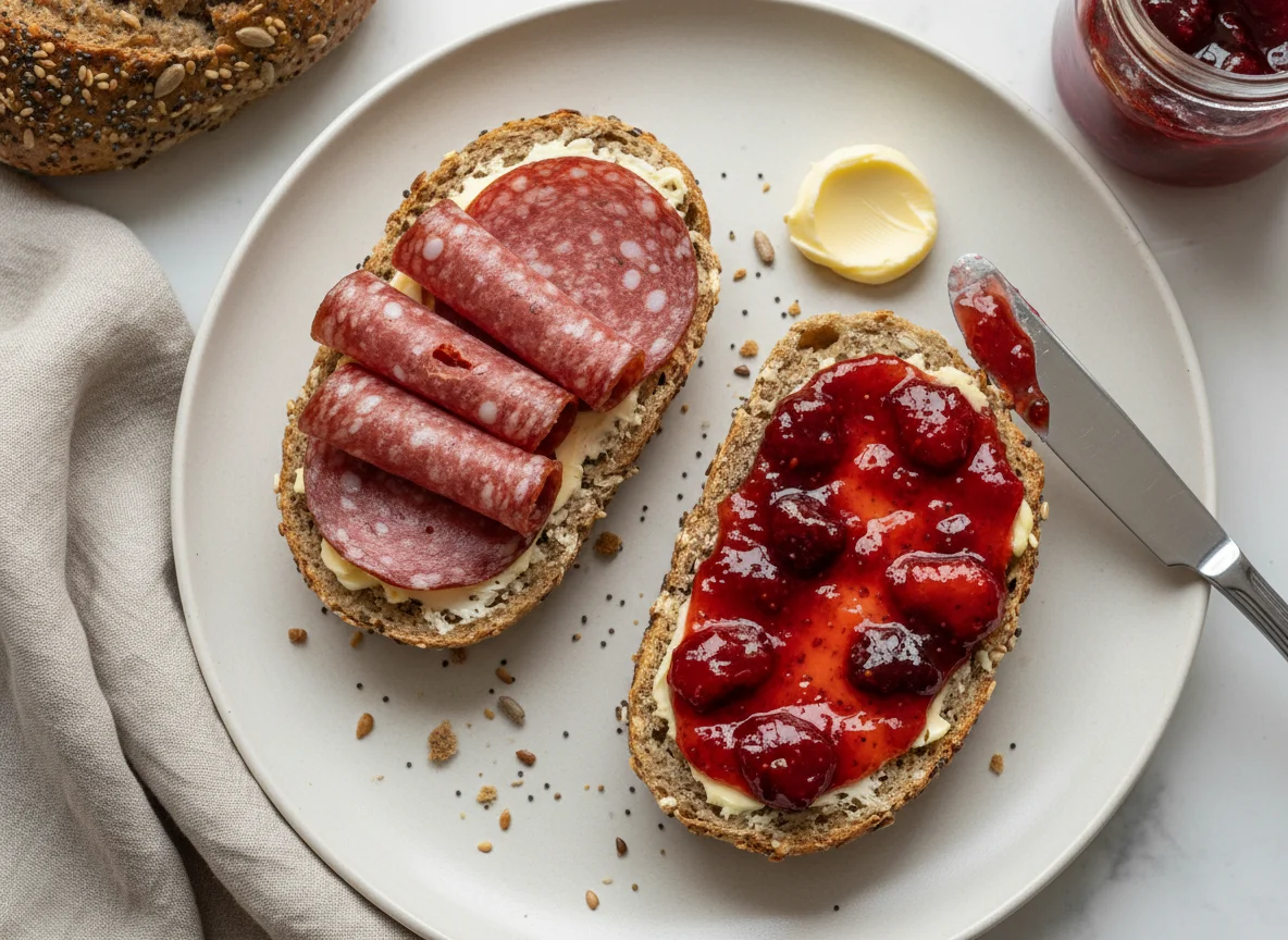 Brötchen mit Salami und Marmelade photo