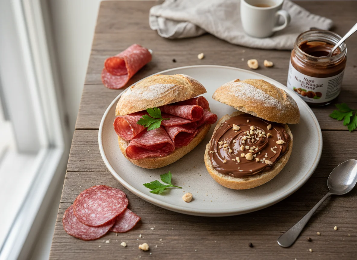 Brötchen mit Salami und Nuss-Nougat-Creme photo