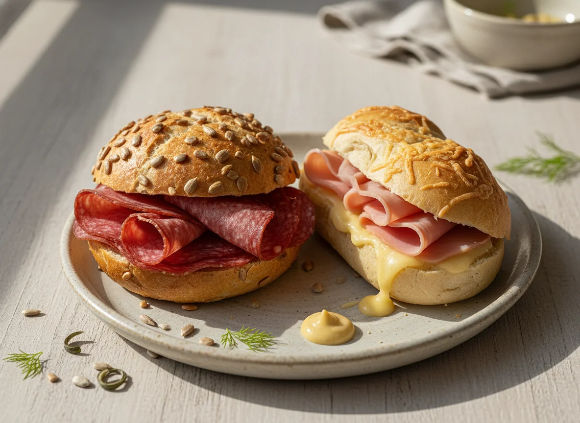 Brötchen mit Salami und Schinken-Käse-Rolle photo