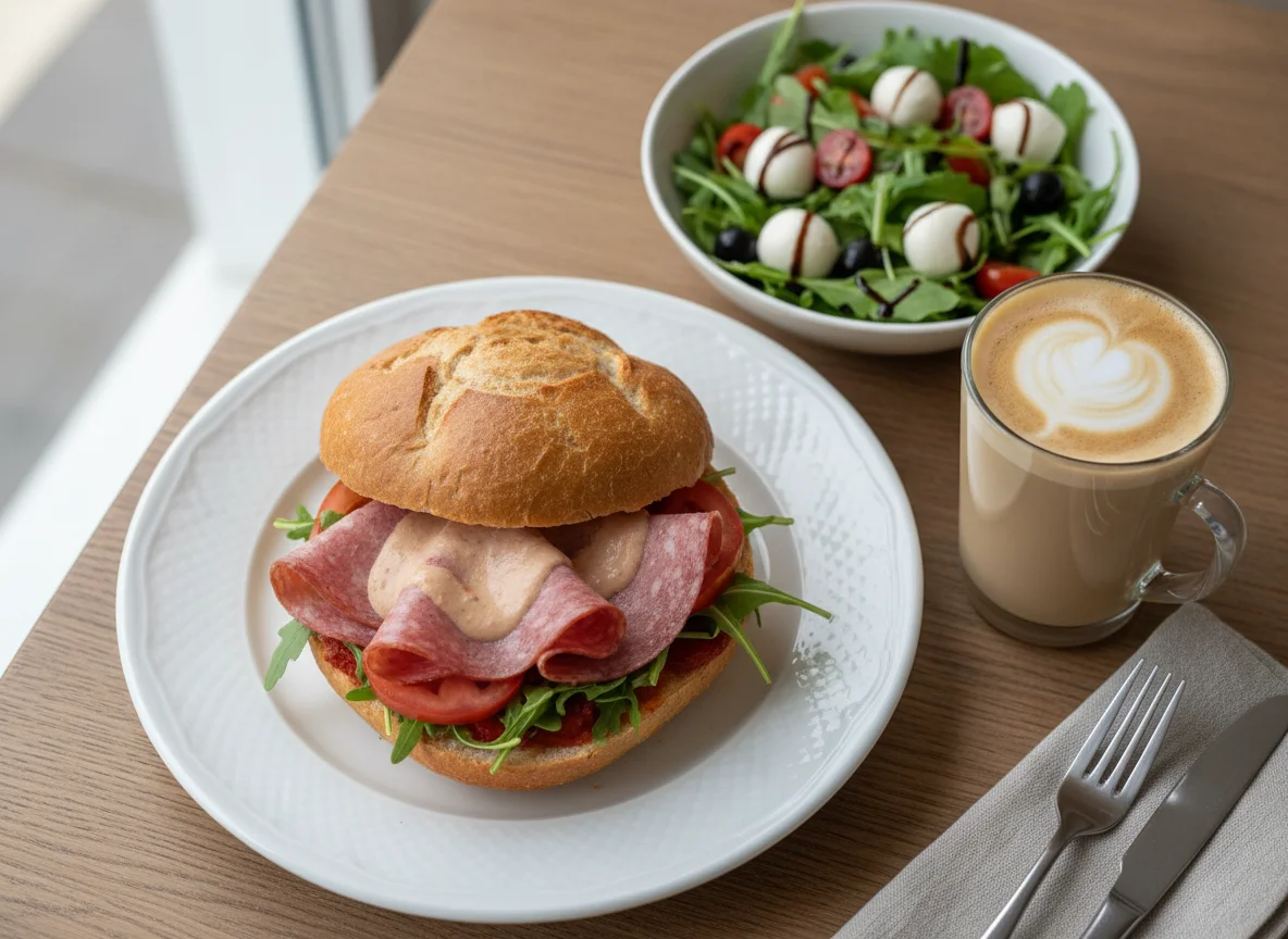 Brötchen mit Salat und Kaffeegetränk photo