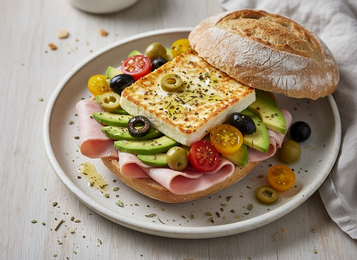 Brötchen mit Schinken, Avocado und gebackenem Feta photo