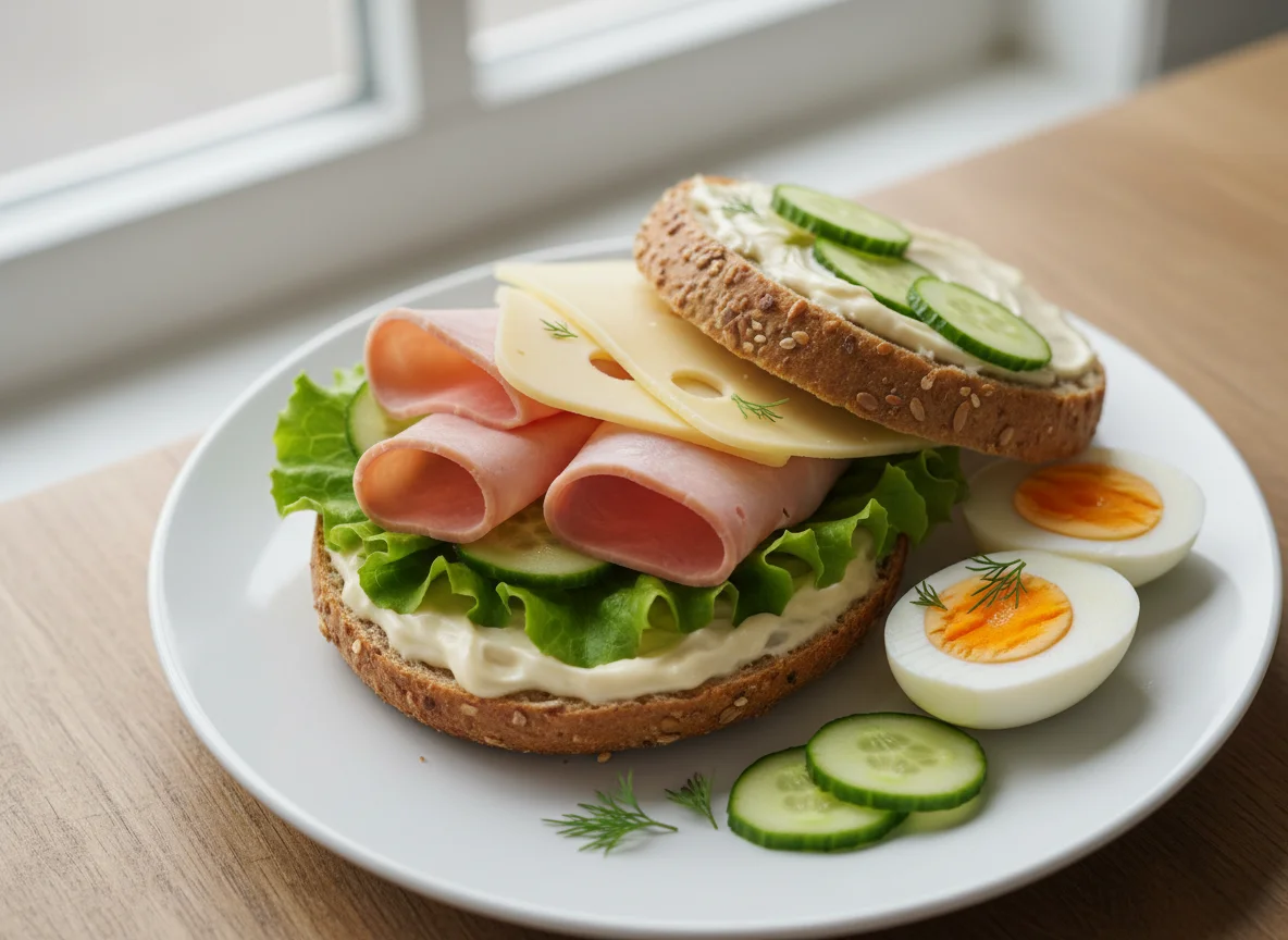 Brötchen mit Schinken, Käse und Ei photo