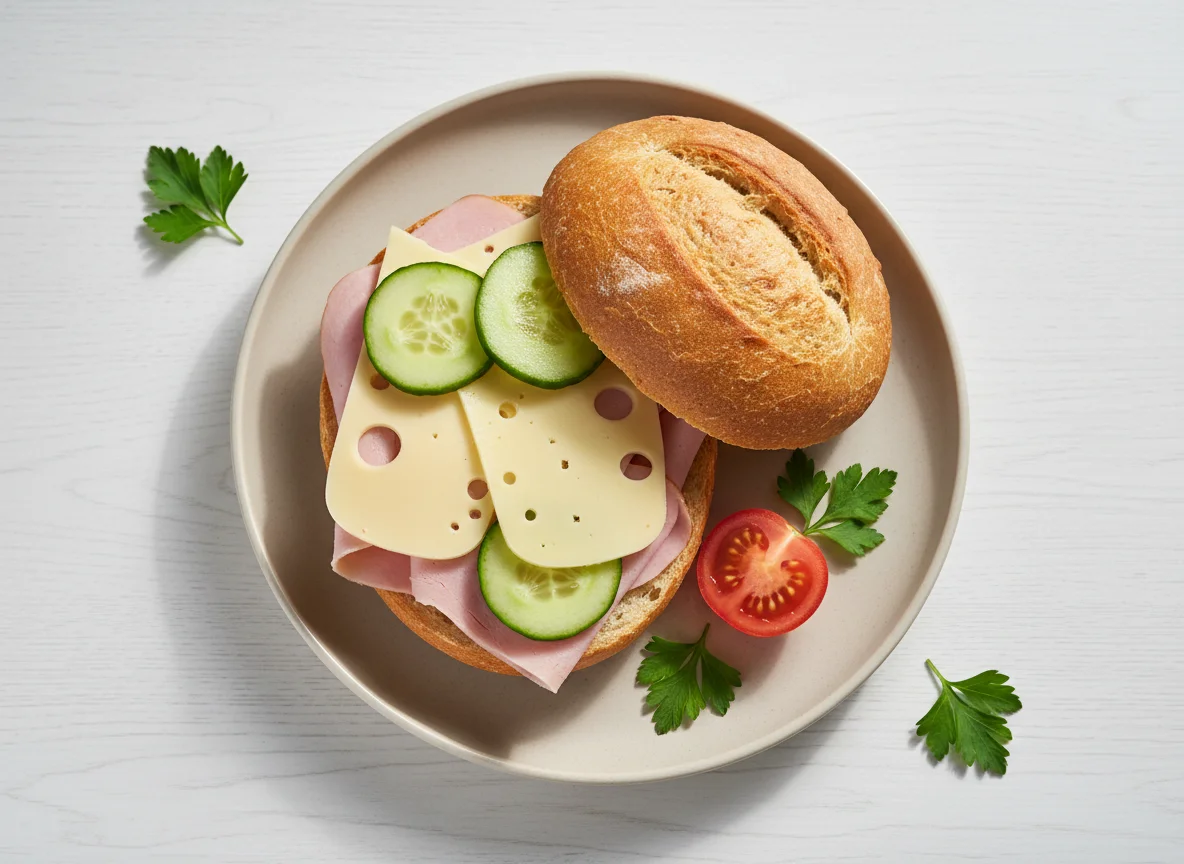Brötchen mit Schinken, Käse und Gemüse photo