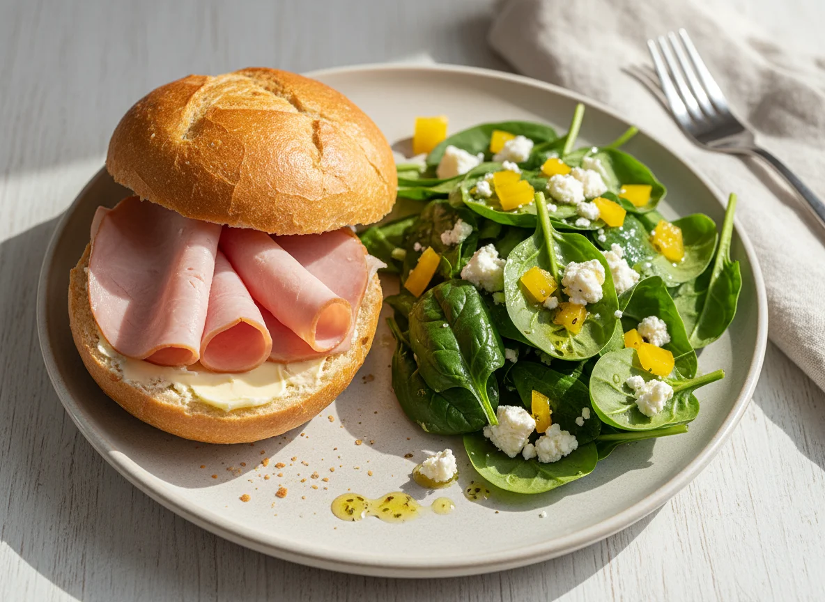 Brötchen mit Schinken und gemischter Salat photo