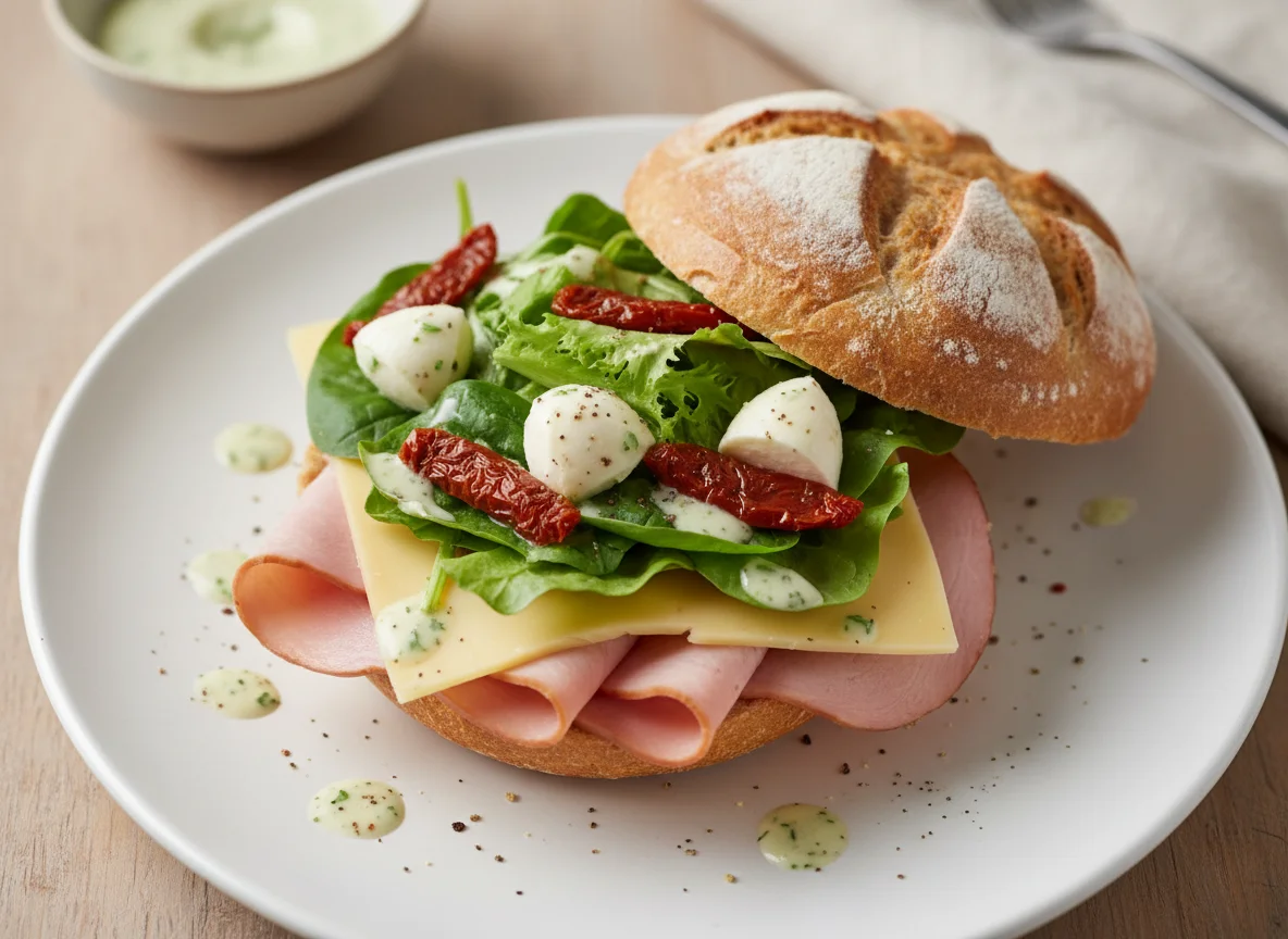 Brötchen mit Schinken und Käse und Salat photo