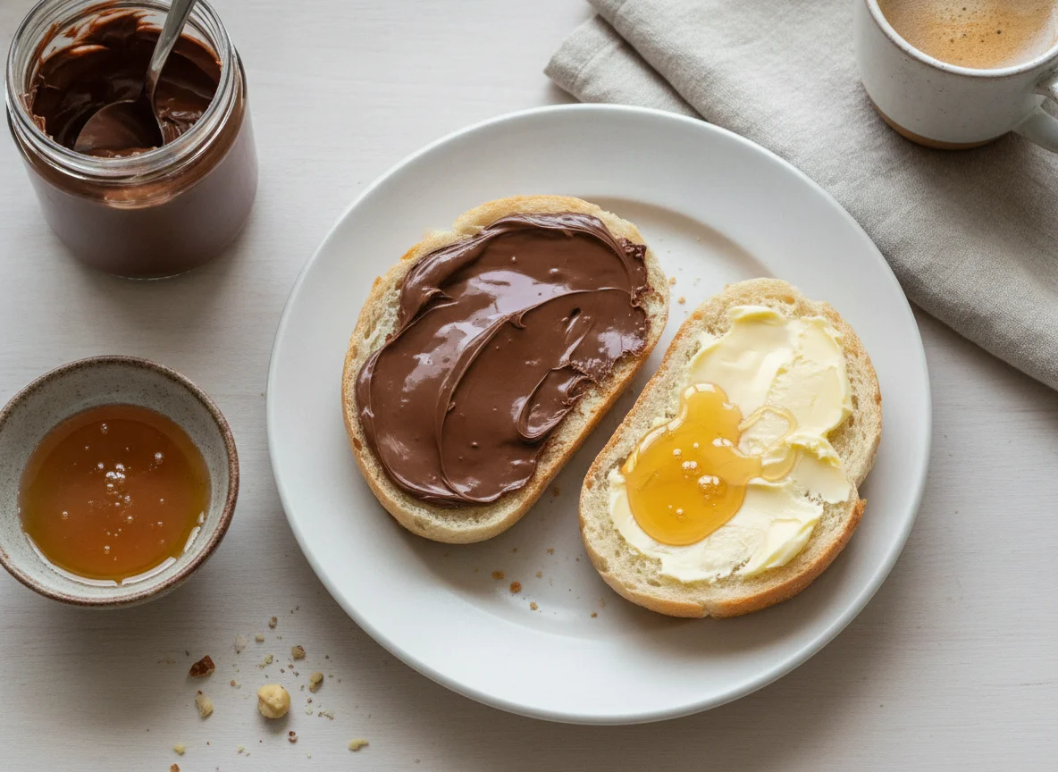 Brötchen mit Schokoladenaufstrich und Honig photo