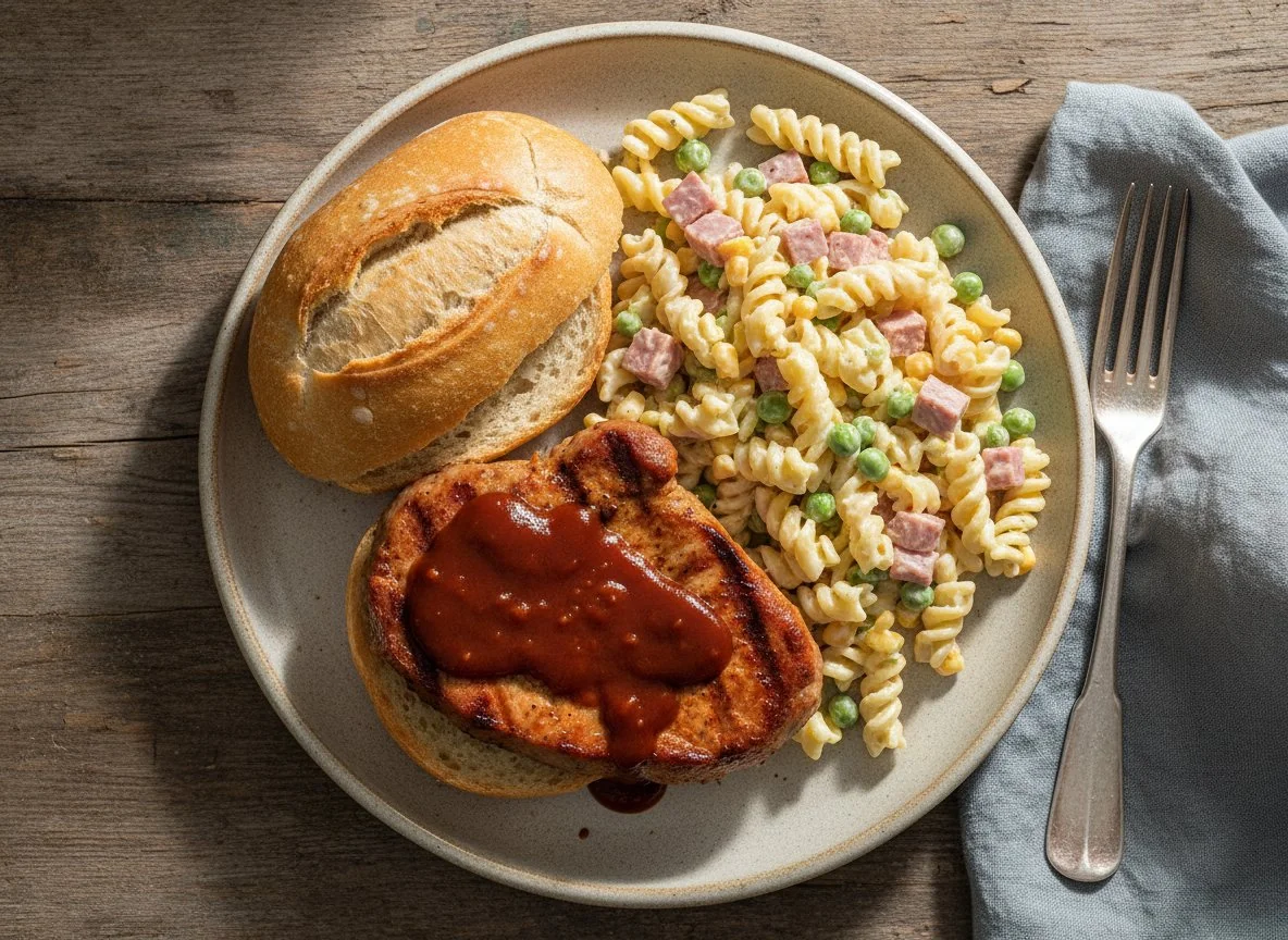 Brotchen mit Schweinefleisch und Nudelsalat photo