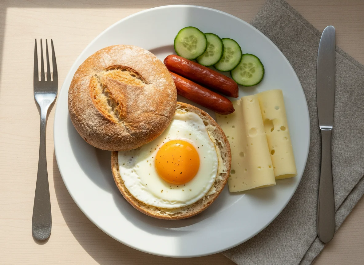 Brötchen mit Spiegelei, Käse und Würstchen photo