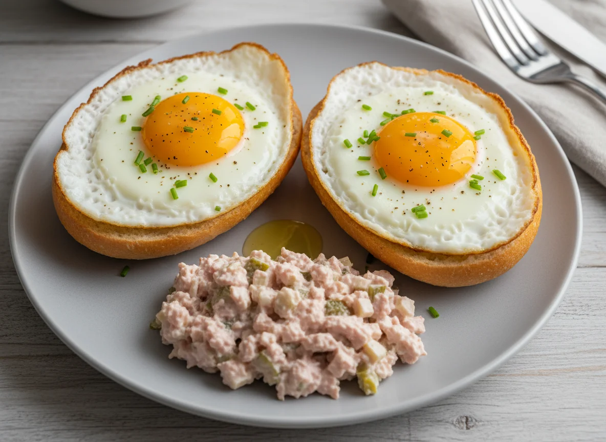 Brötchen mit Spiegelei und Fleischsalat photo