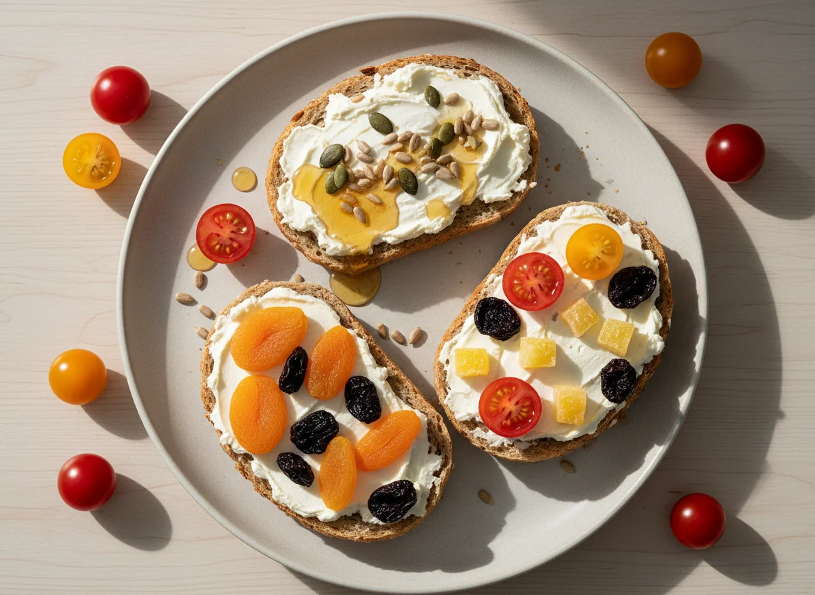 Brötchen mit verschiedenen Belägen und Tomaten photo