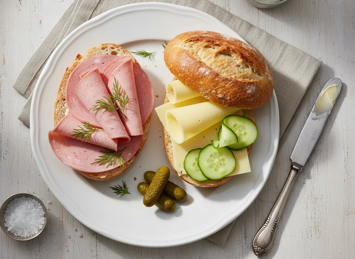 Brötchen mit Wurst, Käse und Gurke photo
