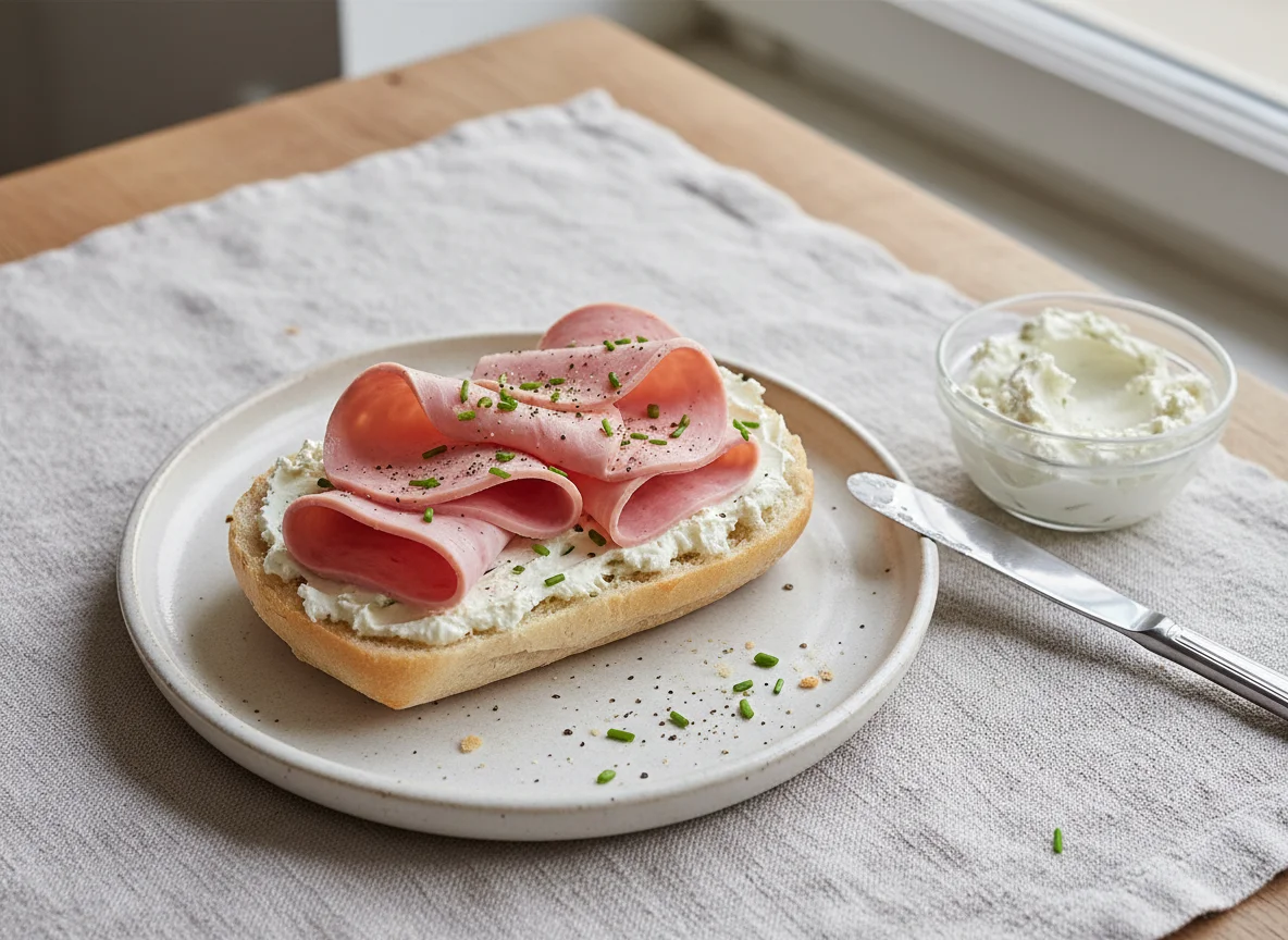 Brötchen mit Wurst und Frischkäse photo