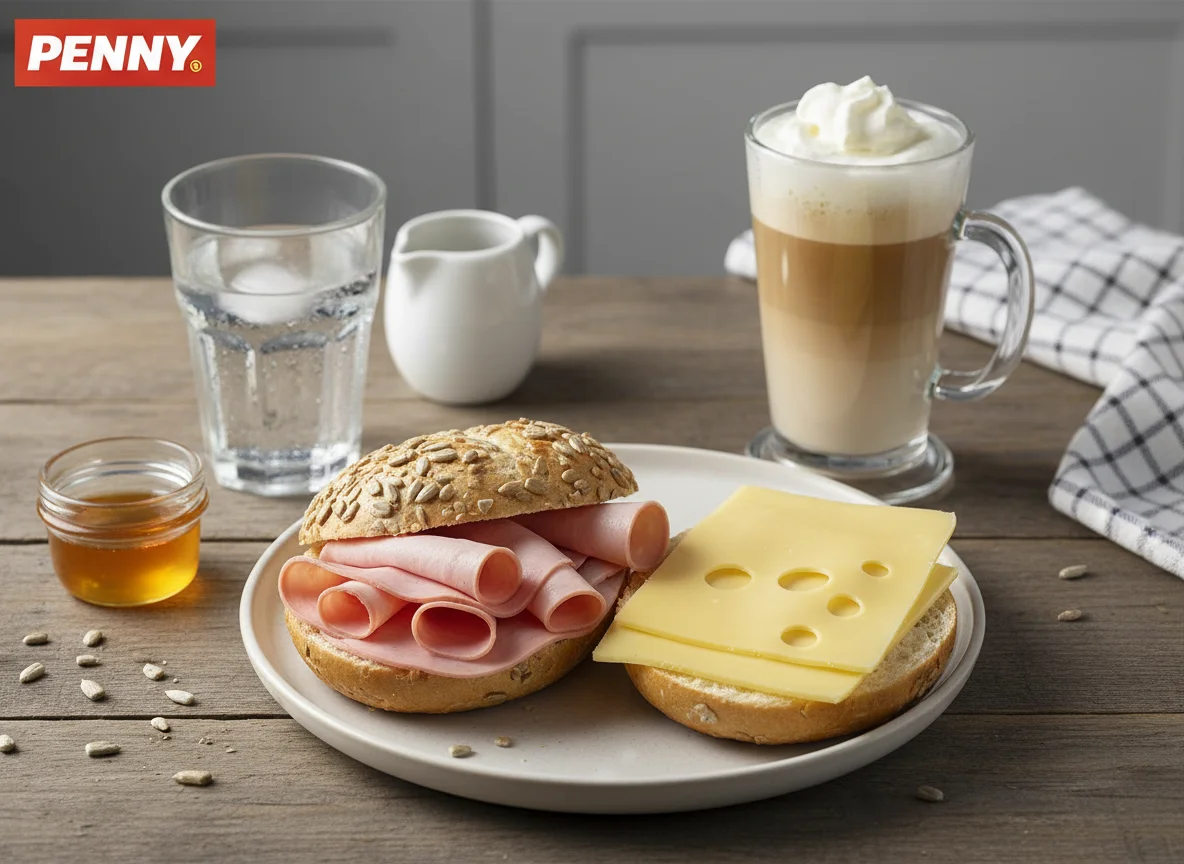 Brötchen mit Wurst und Käse, dazu Eiskaffee und Wasser photo
