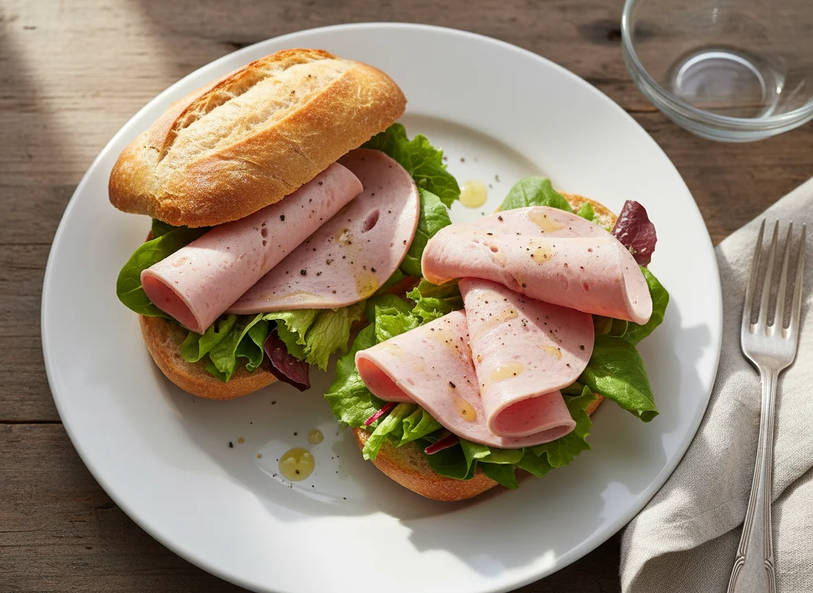 Brötchen mit Wurst und Salat photo