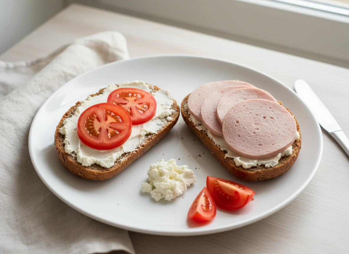 Brötchen mit Wurst und Tomate photo