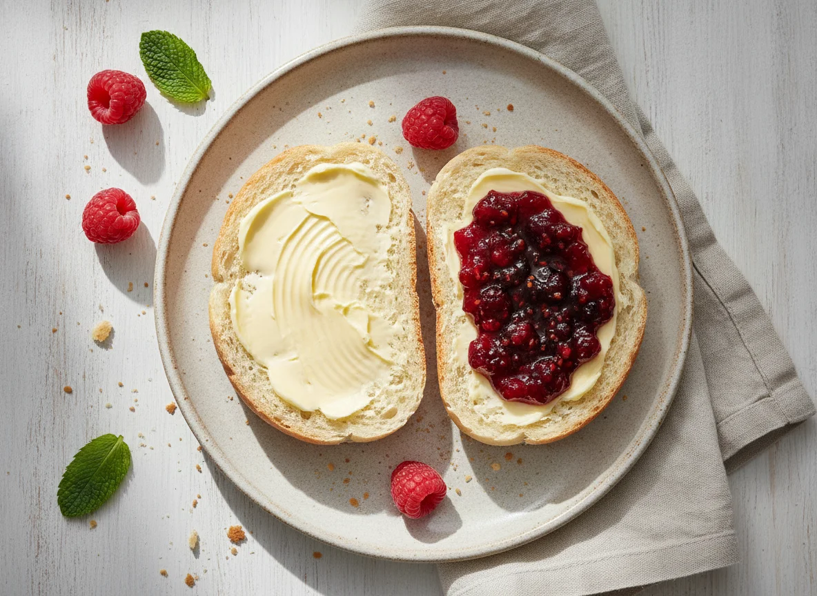 Brötchenhälfte mit Butter und Marmelade photo