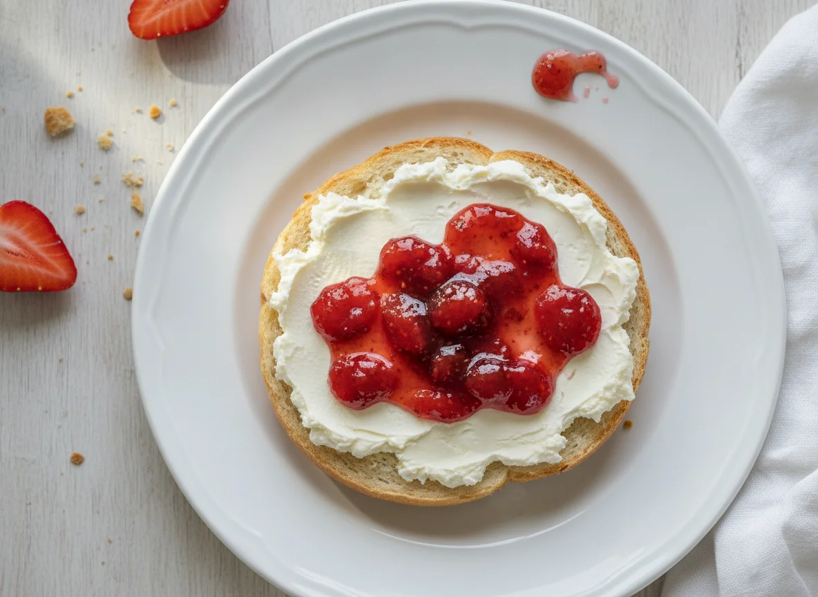 Brötchenhälfte mit Frischkäse und Marmelade photo