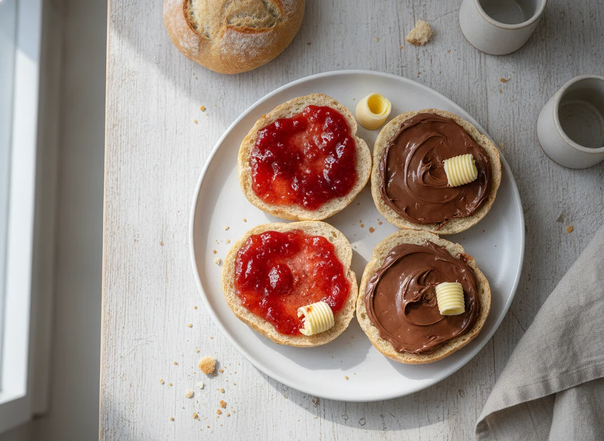 Brötchenhälften mit Marmelade und Schokocreme photo