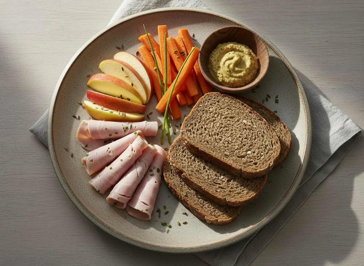 Brotzeit mit Apfel und Karotten photo