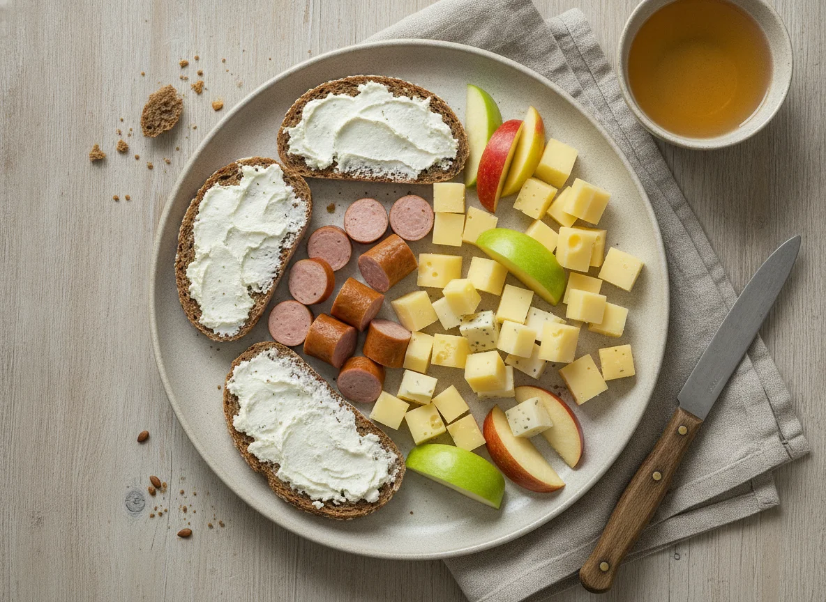 Brotzeit mit Apfel, Würstchen und Käse photo