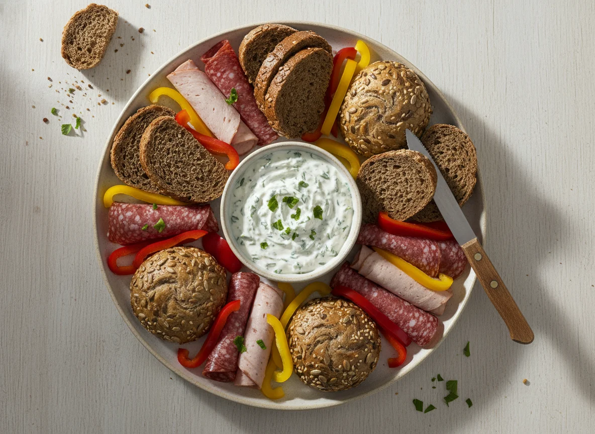 Brotzeit mit Aufschnitt und Dip photo