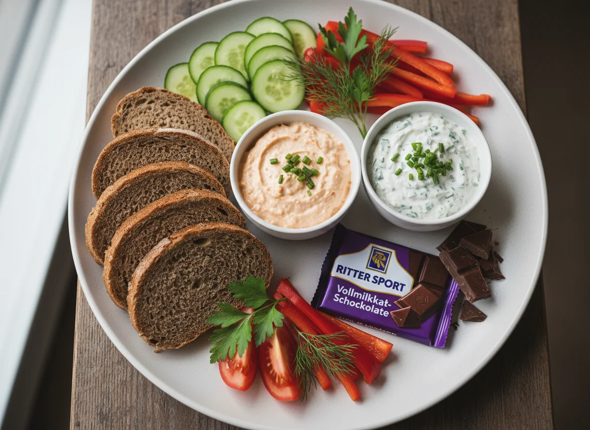 Brotzeit mit Aufstrich, Schokolade und Gemüse photo