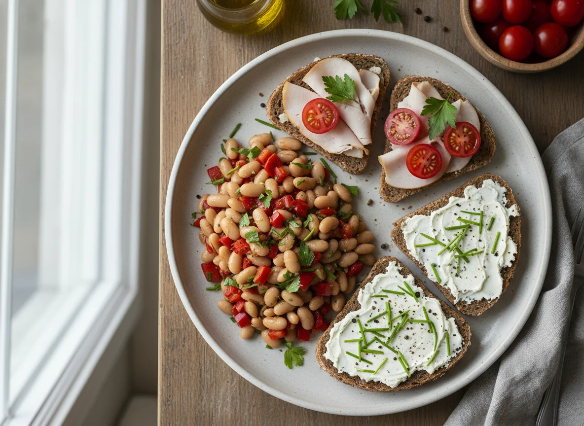 Brotzeit mit Bohnen, Paprika und belegten Broten photo