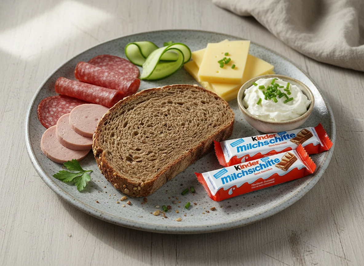 Brotzeit mit Brot, Wurst, Käse, Gurke und Milchschnitte photo