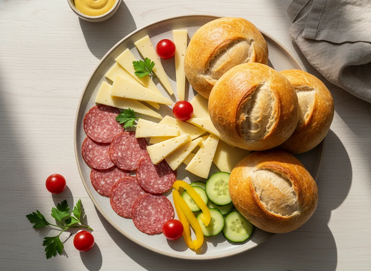Brotzeit mit Brötchen, Salami, Käse und Gemüse photo