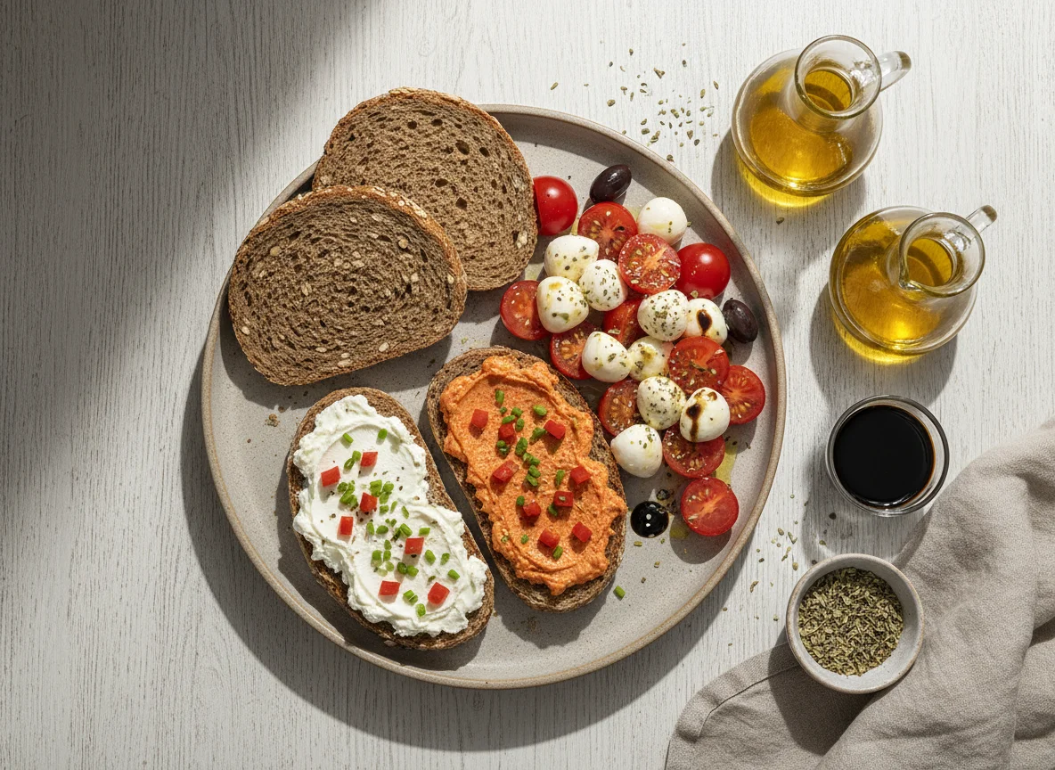 Brotzeit mit Caprese-Salat und Aufstrichen photo
