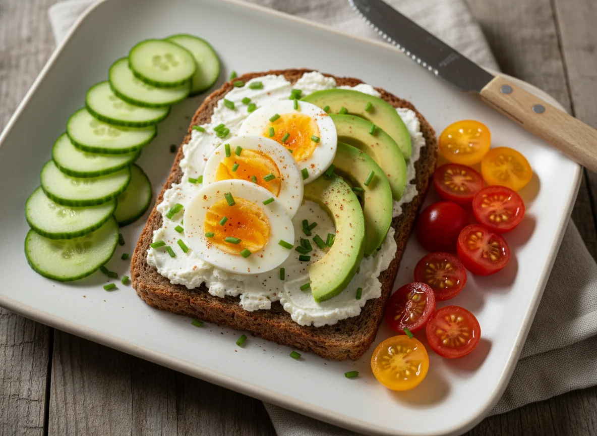 Brotzeit mit Ei, Avocado und Gemüse photo