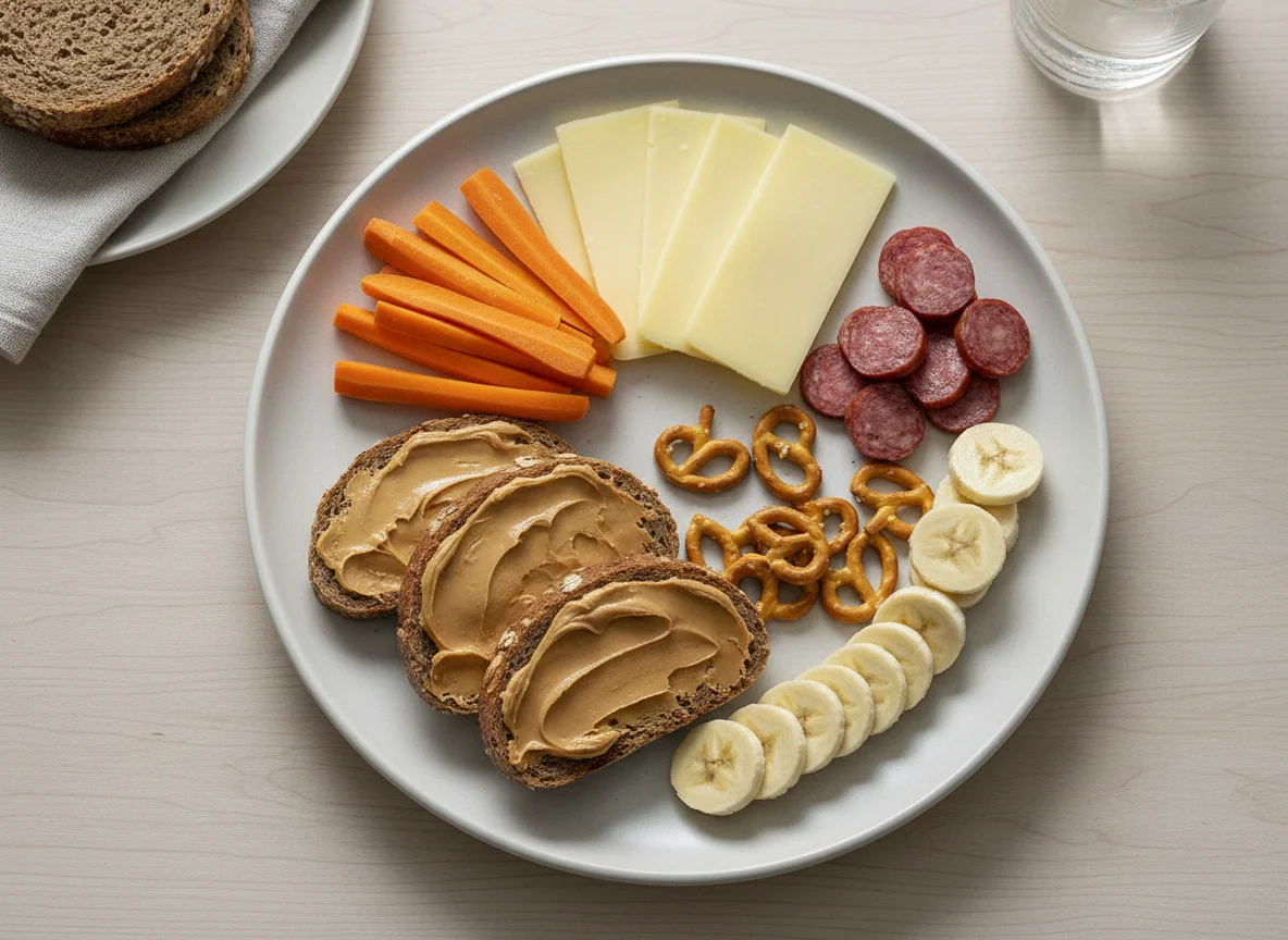 Brotzeit mit Erdnussbutterbrot, Käse, Salami, Karotten und Banane photo