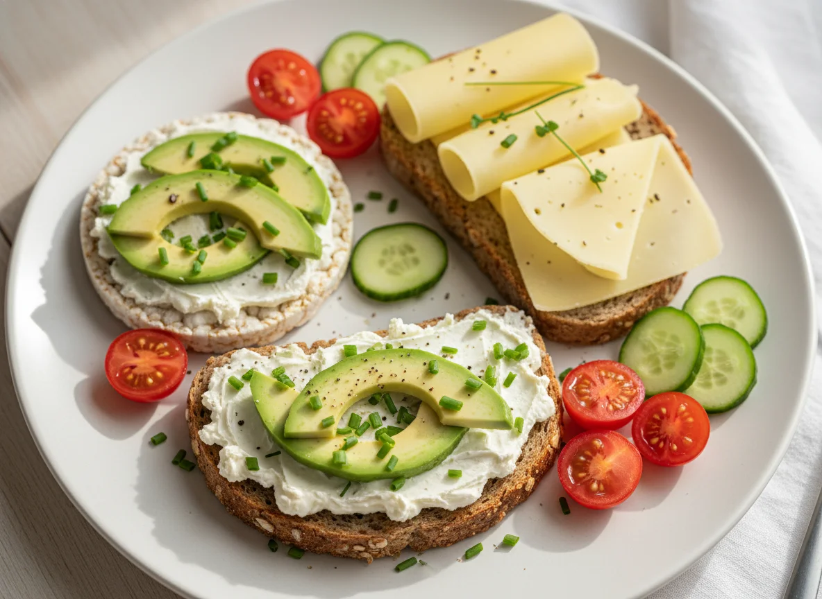 Brotzeit mit Käse, Avocado und Frischkäse photo