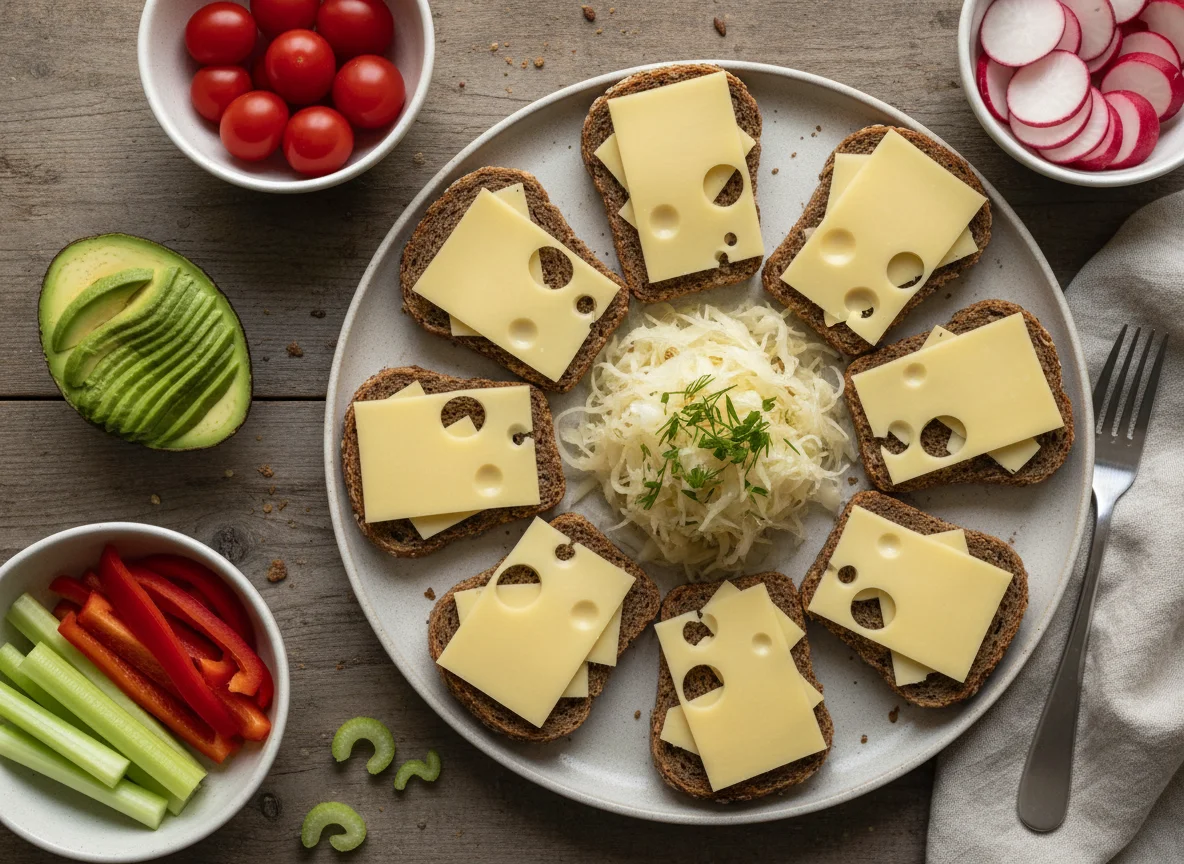 Brotzeit mit Käse, Gemüse und Sauerkraut photo