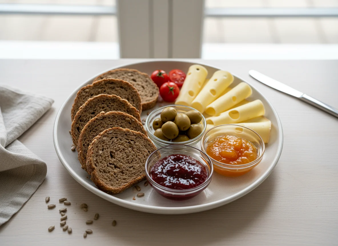 Brotzeit mit Käse, Marmelade und Oliven photo