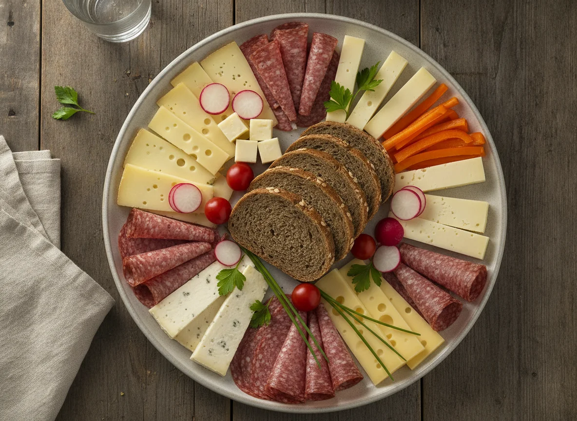 Brotzeit mit Käse, Salami und Gemüse photo