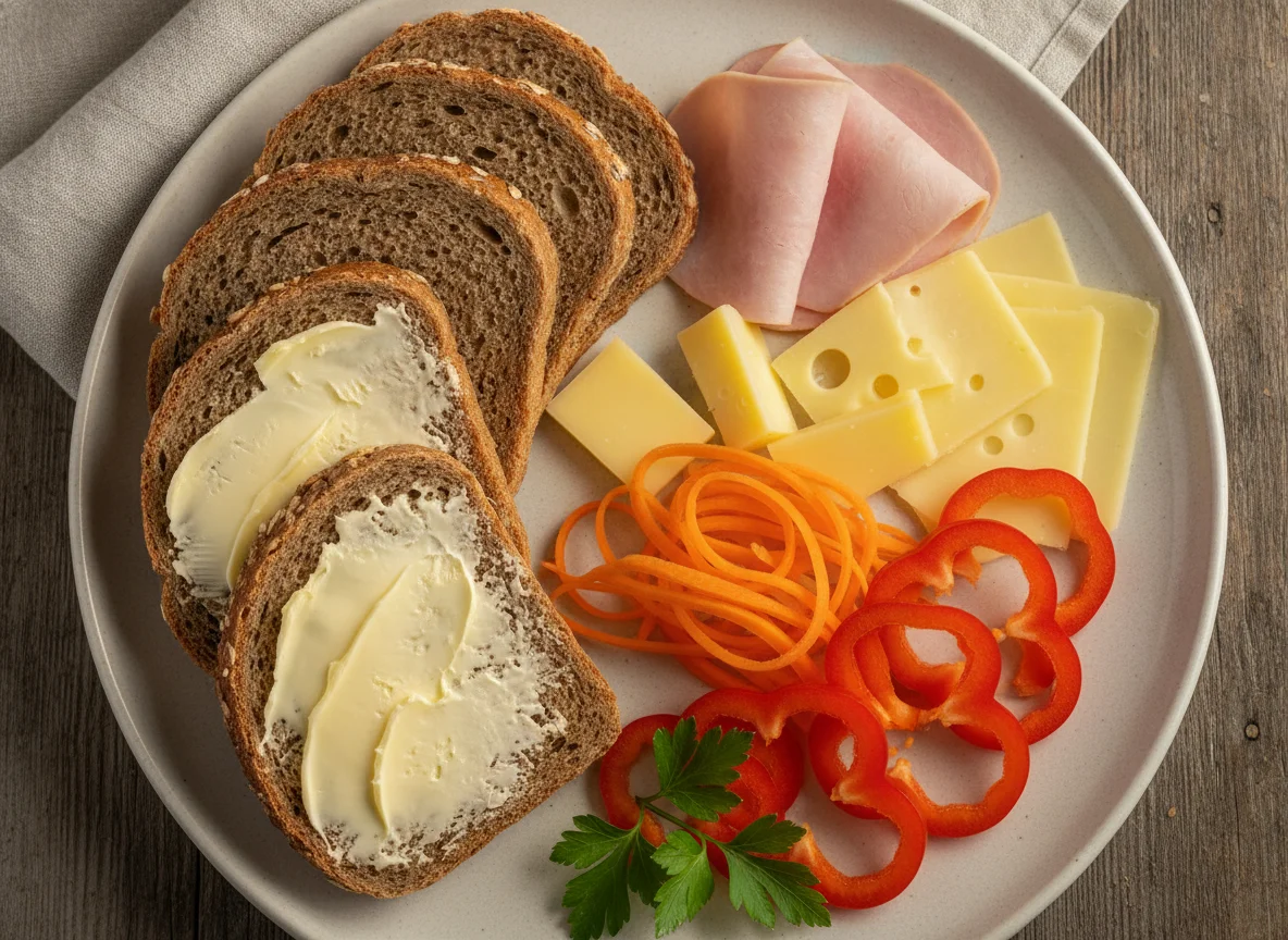 Brotzeit mit Käse, Schinken und Gemüse photo
