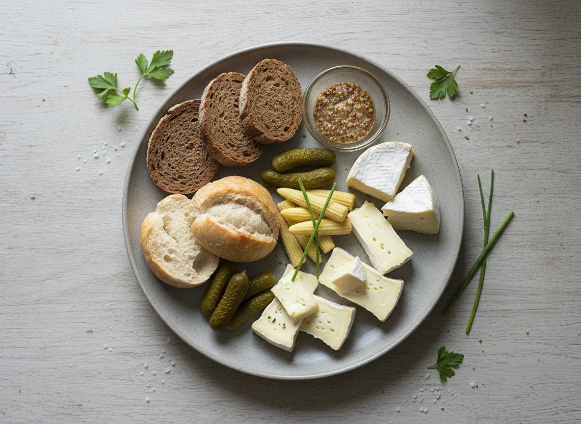 Brotzeit mit Käse und Essiggurken photo