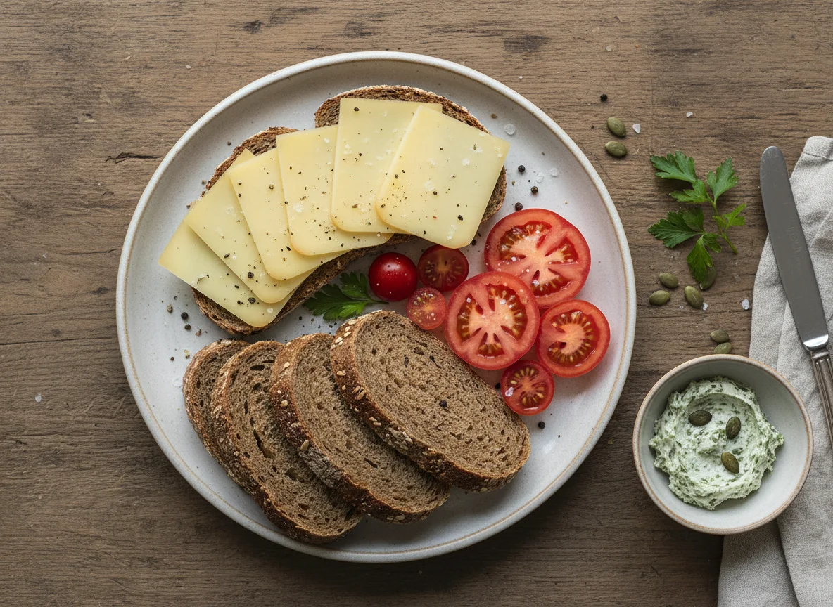 Brotzeit mit Käse und Tomate photo