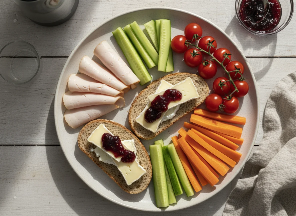 Brotzeit mit Käse, Wurst und Gemüse photo